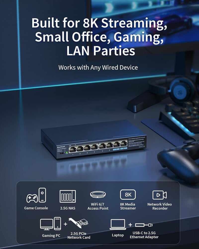 BrosTrend 2.5Gb Switch, Unmanaged 8 Port Ethernet Switch 2.5 Gigabit Supports Static Link Aggregation & VLAN, Fanless, Desktop Wall Mount, Multi Gig Splitter for Gaming, NAS, PC, Lifetime Protection - Image 3